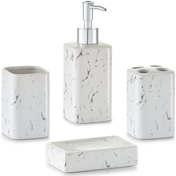 Zeller Present 4-pcs “Marble-Optics” Bathroom Accessory Set Ceramics White