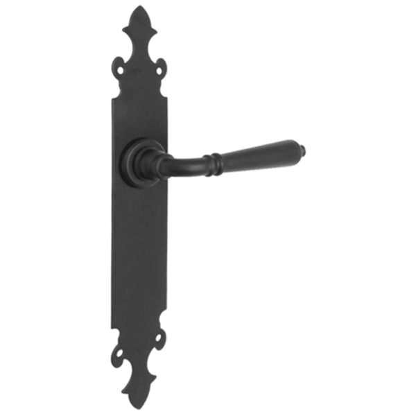 DOOR HANDLE FORGE BLACK W/PLATE {OVAL KEY HOLE} HERRA MF-400