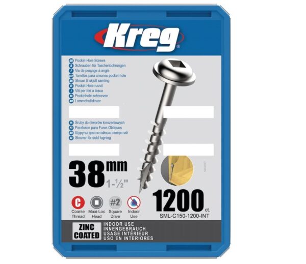Kreg Pocket-Hole Screws 38 mm, Zinc Coated, Maxi-Loc, Coarse Thread, 1200 piece