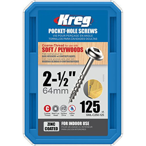 Kreg Pocket-Hole Screws 64 mm, Zinc Coated, Maxi-Loc, Coarse Thread, 125 piece  SML-C250-125-INT