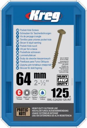 Kreg HD Pocket-Hole Screws 64 mm, Protec-Kote™, Maxi-Loc, Coarse Thread, 125 piece SML-C2X250-125-INT