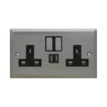 Twin Switch Socket w/USB Brushed Stainless Steel