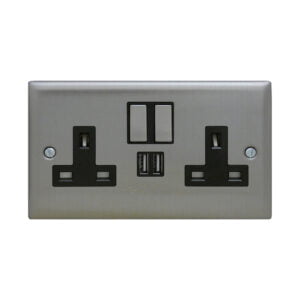 Twin Switch Socket w/USB Brushed Stainless Steel