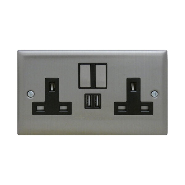 Twin Switch Socket w/USB Brushed Stainless Steel